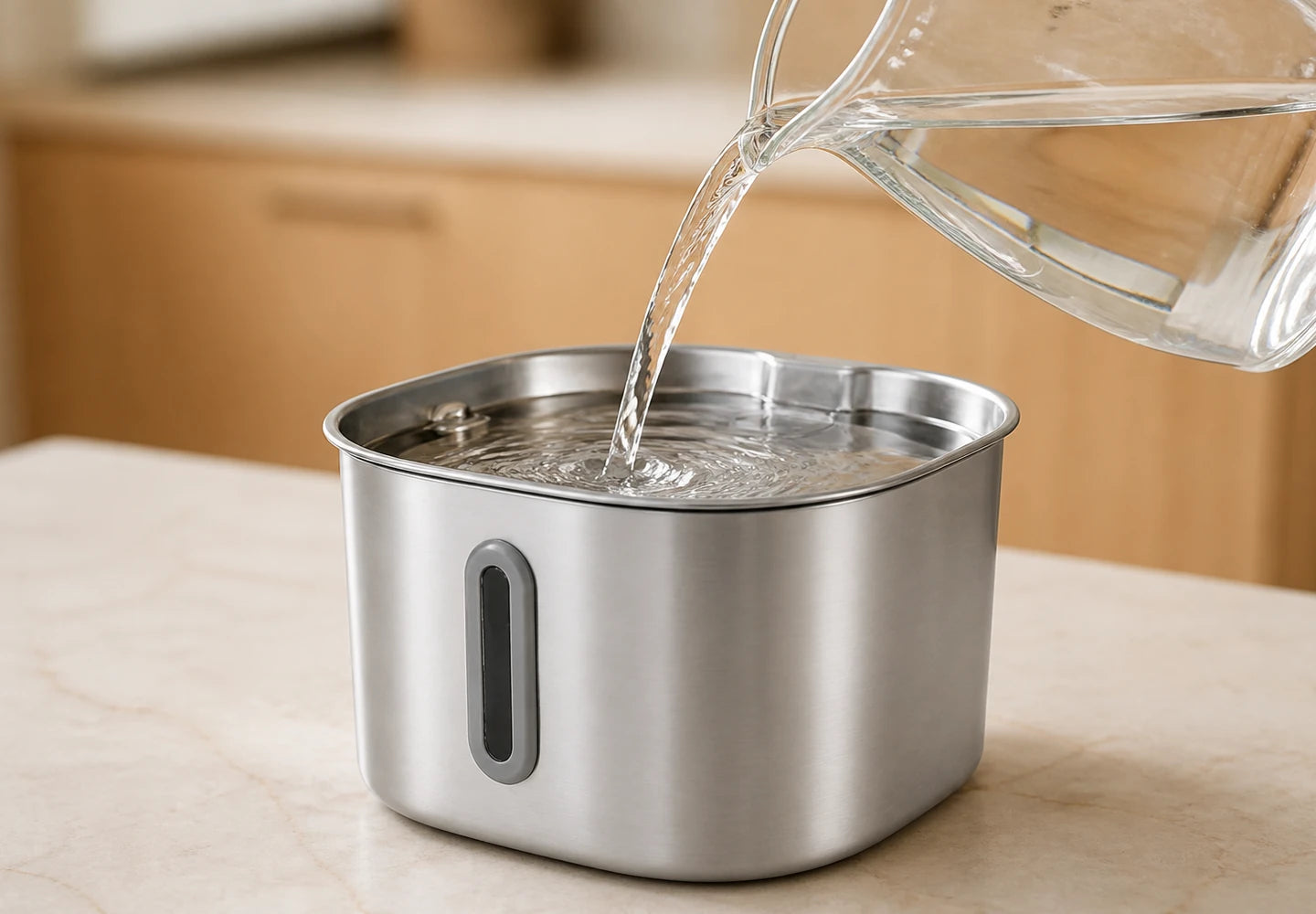Fresh water being poured into the 2.2 litre Nuera fountain