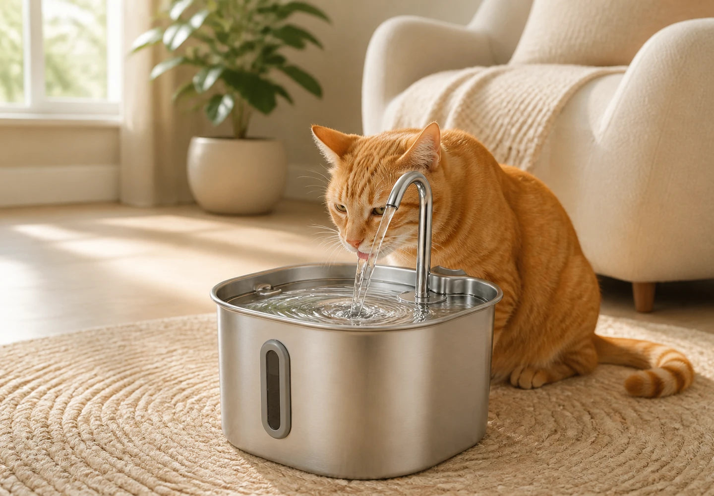 Orange tabby cat drinking from a Nuera stainless-steel water fountain