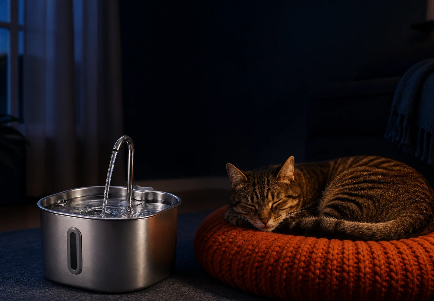 Sleeping tabby cat beside a quietly running Nuera fountain at night
