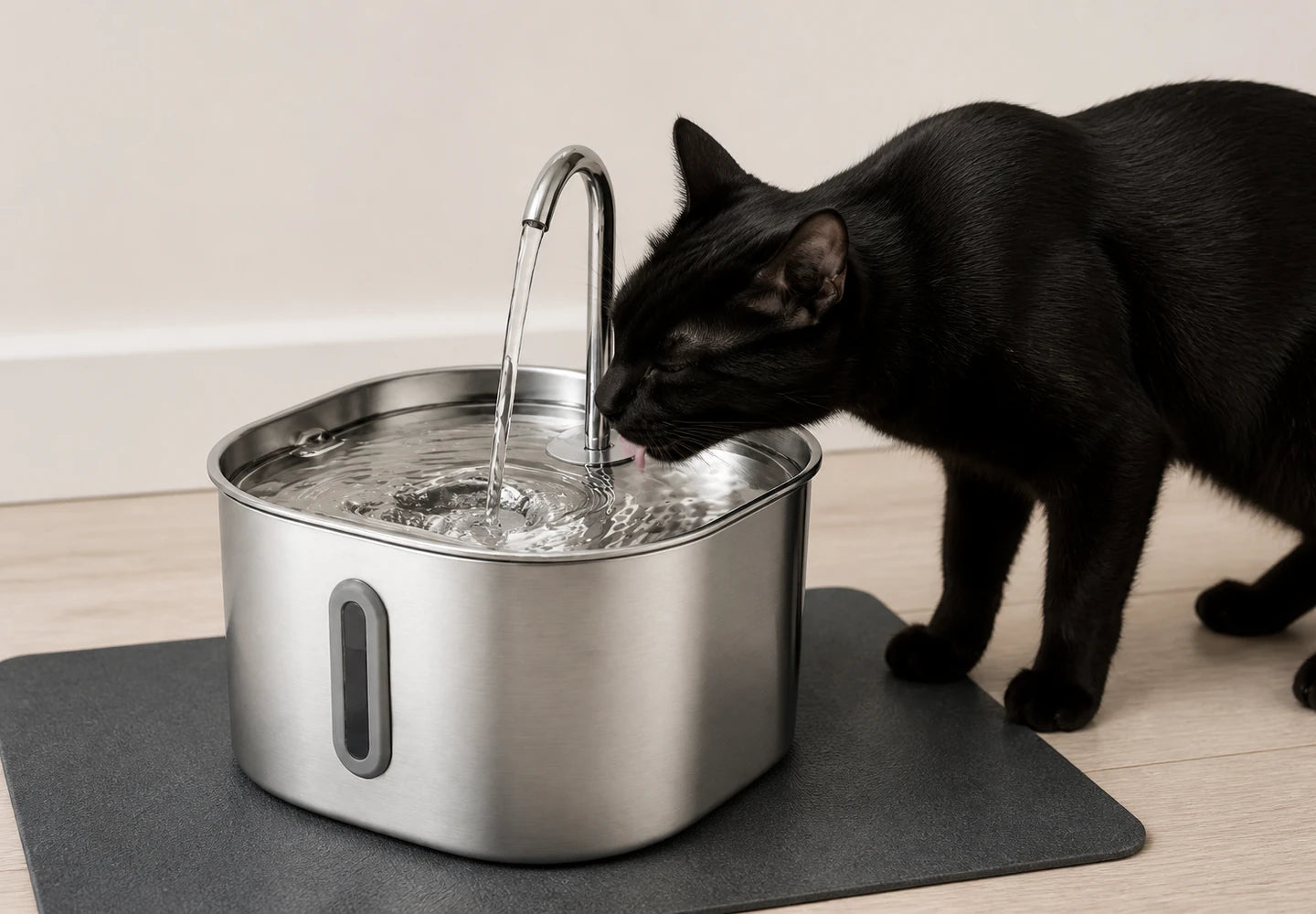 Black cat drinking from the wide Nuera fountain basin